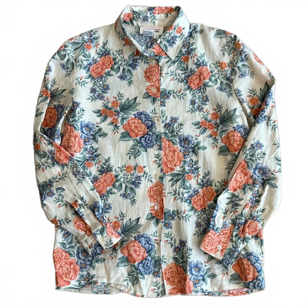 Talbots linen Blouse Women’s 4 Vintage Floral Preppy Cottagecore Summer Career